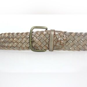 Intentionally Distressed Metallic Platinum or Silver Woven Leather Belt Brass